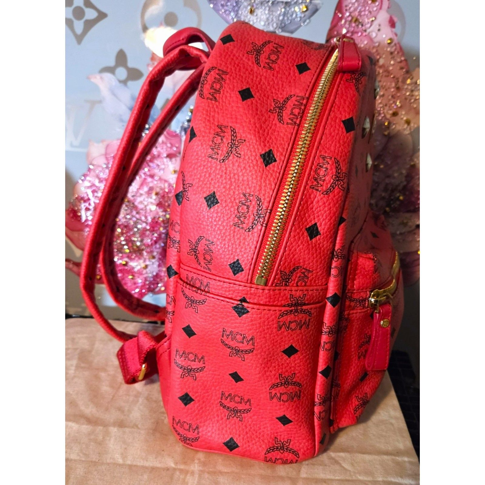 Mcm Small Stark Strawberry Red Visetos Backpack - Like New — image 2 of 8